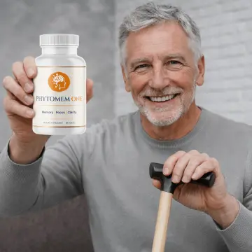 A man in his 50s holding a Phytomem One supplement bottle
